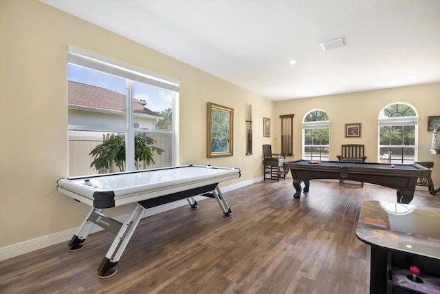 playroom featuring billiards, wood finished floors, visible vents, and baseboards