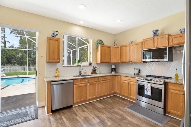 kitchen with a wealth of natural light, appliances with stainless steel finishes, a sink, and wood finished floors