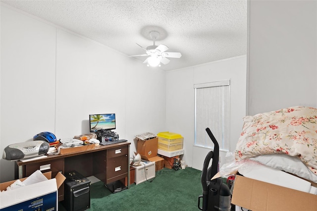 office space featuring a textured ceiling, carpet, and a ceiling fan