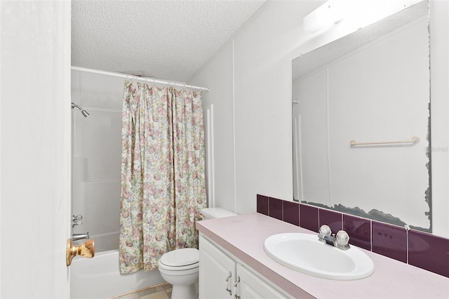 bathroom with shower / bath combo, toilet, a textured ceiling, and vanity