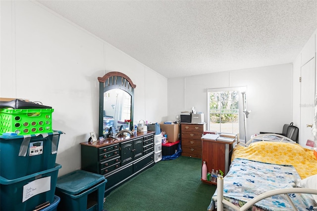 carpeted bedroom featuring lofted ceiling and a textured ceiling