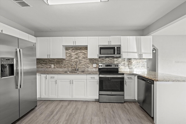 kitchen with visible vents, light wood finished floors, a sink, stainless steel appliances, and white cabinets