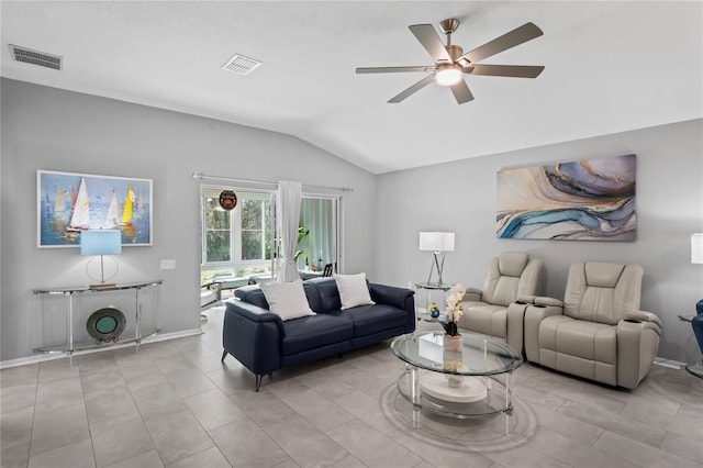 living room with lofted ceiling, ceiling fan, visible vents, and baseboards