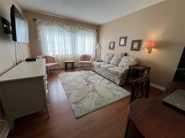 living area featuring a textured ceiling, baseboards, and wood finished floors