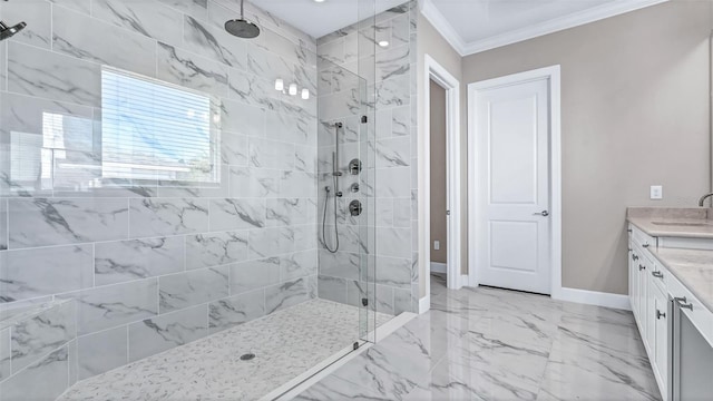 full bathroom featuring baseboards, tiled shower, marble finish floor, crown molding, and vanity