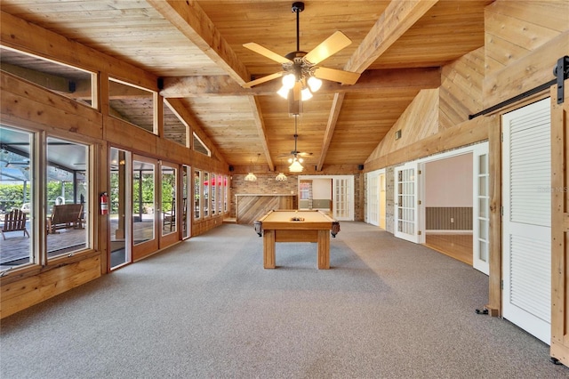 playroom featuring billiards, wooden walls, wood ceiling, vaulted ceiling with beams, and carpet flooring