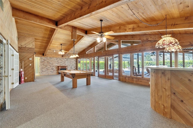 recreation room featuring vaulted ceiling with beams, ceiling fan, billiards, wood ceiling, and carpet