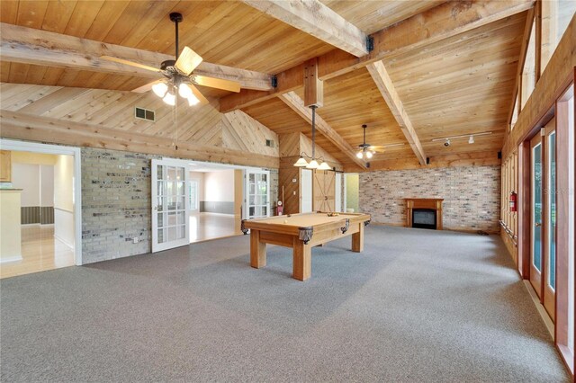 playroom with french doors, visible vents, a ceiling fan, wood ceiling, and carpet flooring