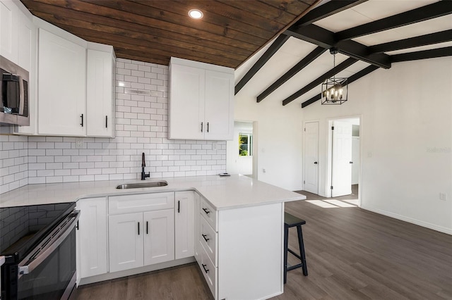 679 71st Ave N, Saint Petersburg, FL 33702 - kitchen with vaulted ceiling with beams, light countertops, a peninsula, dark wood-style floors, and a sink