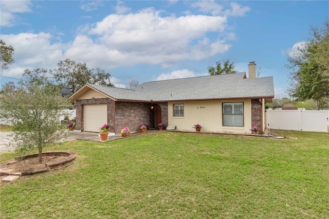 ranch-style house featuring a front lawn, fence, a chimney, and an attached garage