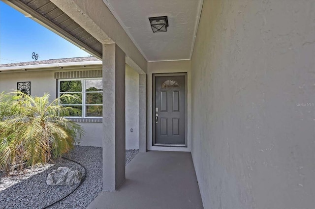 doorway to property featuring stucco siding