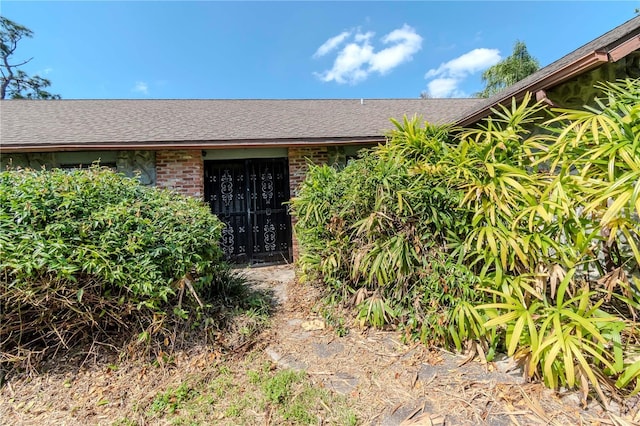 doorway to property featuring roof with shingles and brick siding