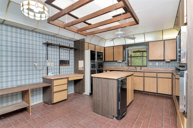 5101 Estates Cir, Sarasota, FL 34243 - kitchen featuring wooden counters, black refrigerator with ice dispenser, brick patterned floors, oven, and wallpapered walls