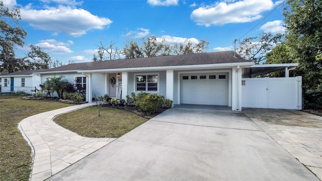 ranch-style house with a garage, concrete driveway, a gate, fence, and stucco siding