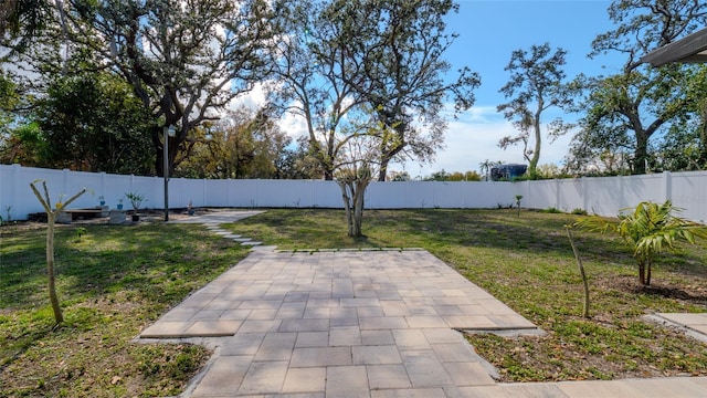 view of yard featuring a patio area and a fenced backyard