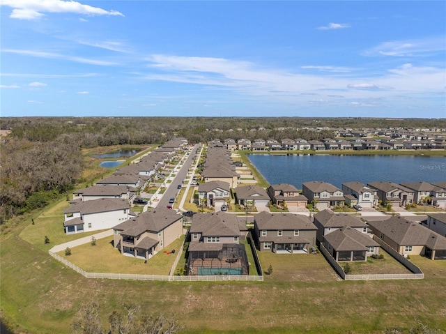 bird's eye view featuring a residential view and a water view