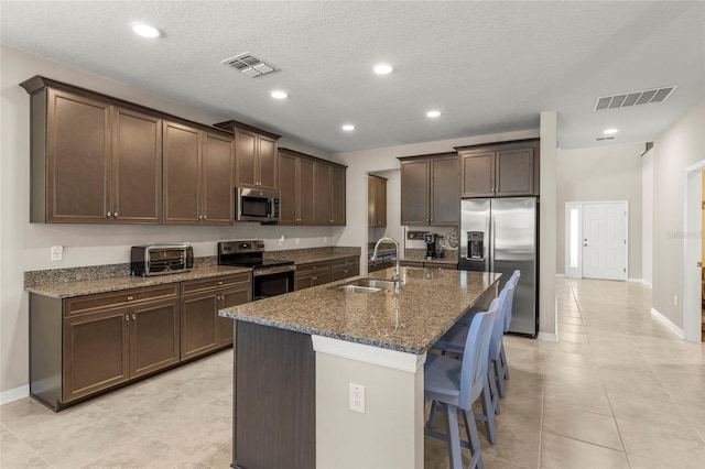 kitchen with appliances with stainless steel finishes, a kitchen island with sink, visible vents, and a sink