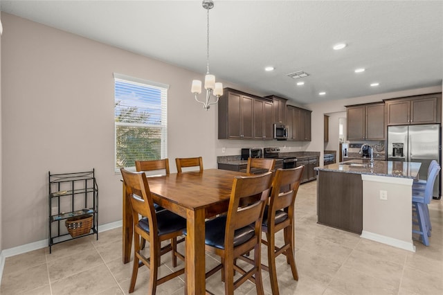 dining area with recessed lighting, visible vents, baseboards, and light tile patterned flooring