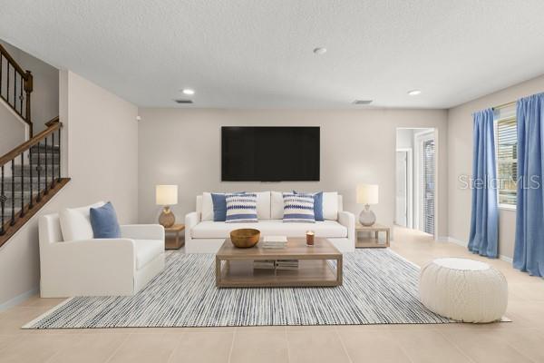 living area with stairs, recessed lighting, a textured ceiling, baseboards, and tile patterned floors