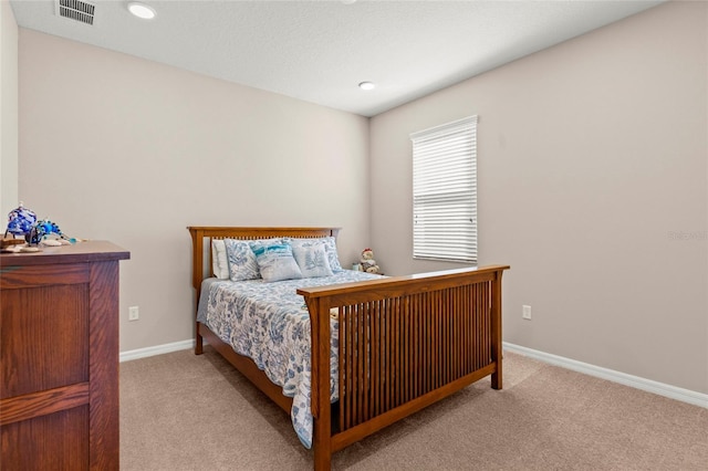 bedroom featuring baseboards, visible vents, carpet flooring, and recessed lighting