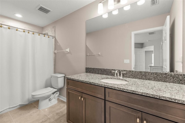 full bath with toilet, visible vents, and vanity