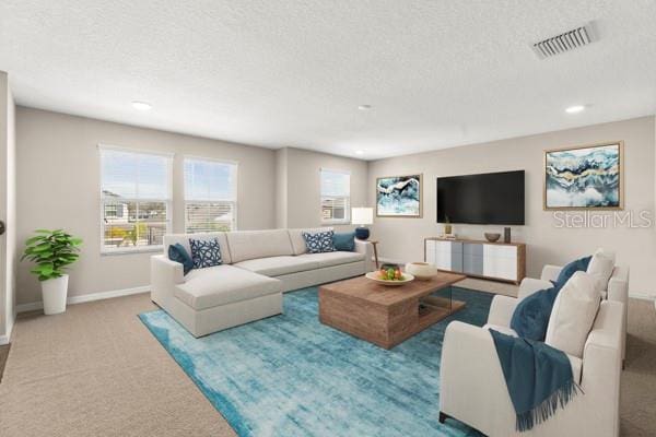 carpeted living area featuring recessed lighting, visible vents, a textured ceiling, and baseboards