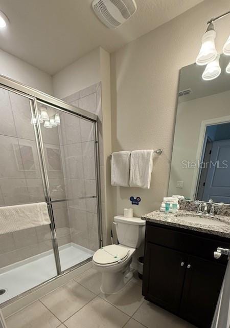 full bathroom with tile patterned flooring, toilet, vanity, visible vents, and a shower stall