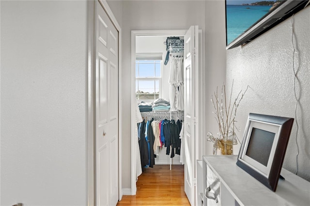 hall featuring baseboards and light wood-type flooring