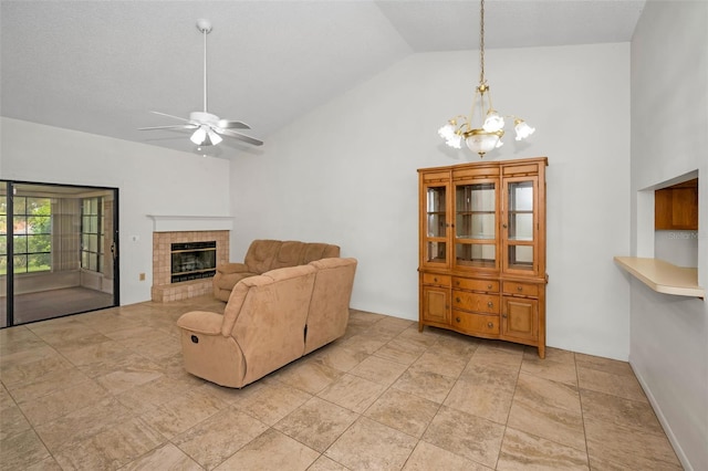 2446 Bentley Dr, Palm Harbor, FL 34684 - living area featuring high vaulted ceiling, ceiling fan with notable chandelier, and a fireplace