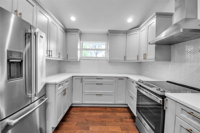 7 Georgia Ave, Crystal Beach, FL 34681 - kitchen with dark wood-type flooring, wall chimney range hood, light countertops, gray cabinets, and stainless steel appliances