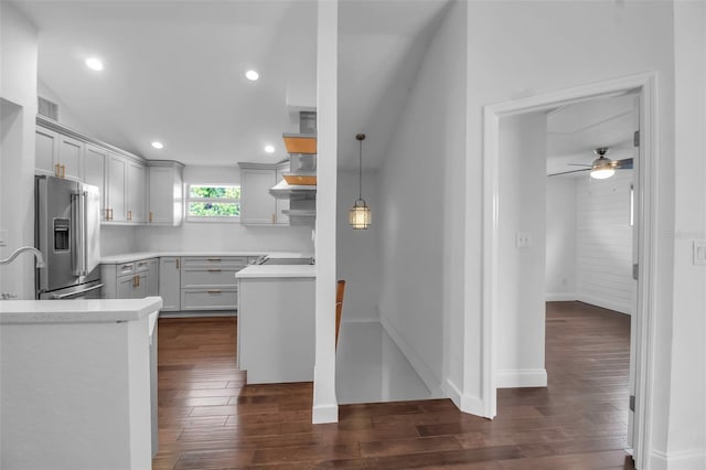 7 Georgia Ave, Crystal Beach, FL 34681 - kitchen with a ceiling fan, dark wood-style floors, visible vents, light countertops, and high quality fridge