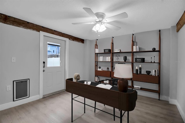 7 Georgia Ave, Crystal Beach, FL 34681 - office area featuring beamed ceiling, light wood-style flooring, baseboards, and ceiling fan