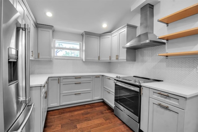 7 Georgia Ave, Crystal Beach, FL 34681 - kitchen with dark wood-style floors, gray cabinetry, stainless steel appliances, light countertops, and exhaust hood