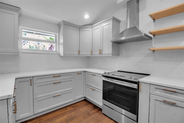 7 Georgia Ave, Crystal Beach, FL 34681 - kitchen featuring stainless steel range with electric cooktop, light countertops, wall chimney exhaust hood, and gray cabinetry