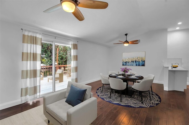 7 Georgia Ave, Crystal Beach, FL 34681 - dining room with baseboards, a ceiling fan, and wood finished floors