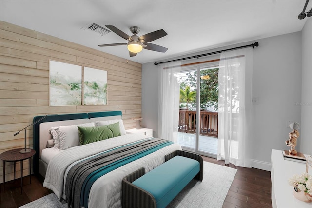 7 Georgia Ave, Crystal Beach, FL 34681 - bedroom with visible vents, ceiling fan, wood walls, wood finished floors, and access to outside