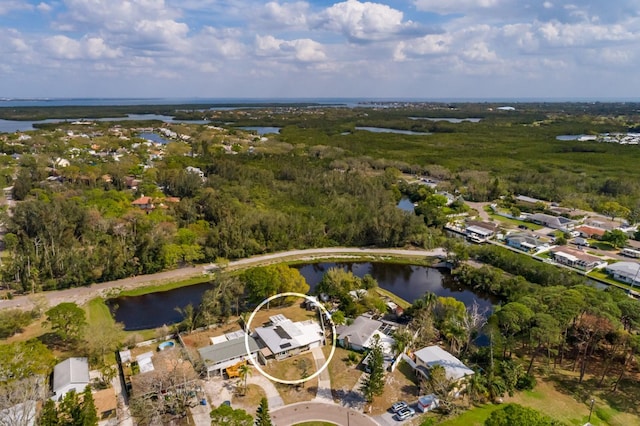 birds eye view of property with a forest view and a water view