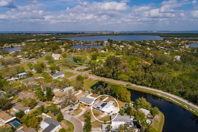 drone / aerial view featuring a water view