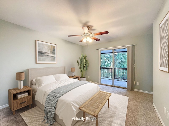 carpeted bedroom featuring access to exterior, baseboards, and a ceiling fan