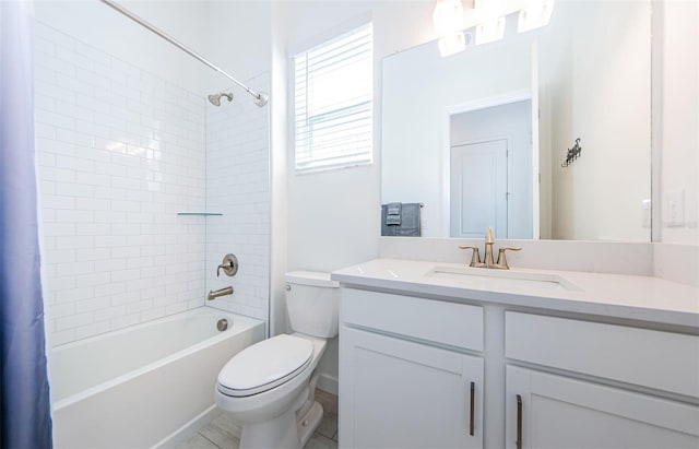 bathroom featuring toilet, shower / bath combination with curtain, and vanity