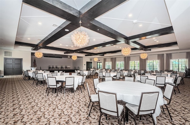 carpeted dining space with a chandelier, beamed ceiling, coffered ceiling, and visible vents