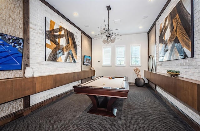 rec room featuring pool table, carpet flooring, brick wall, and recessed lighting