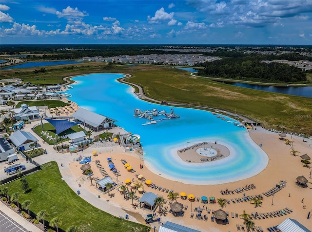 drone / aerial view with a water view