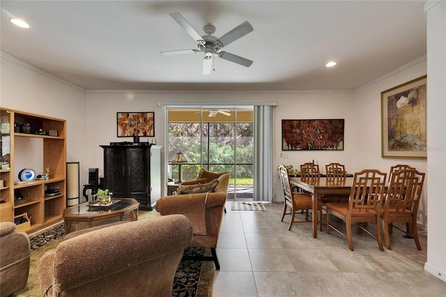 living room featuring recessed lighting, a ceiling fan, crown molding, and light tile patterned floors