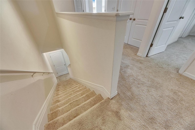 staircase with baseboards and carpet floors