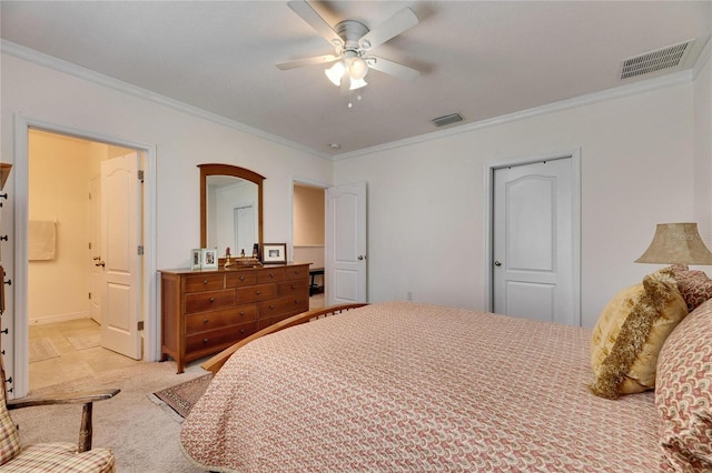 bedroom featuring visible vents, carpet flooring, a ceiling fan, and ornamental molding