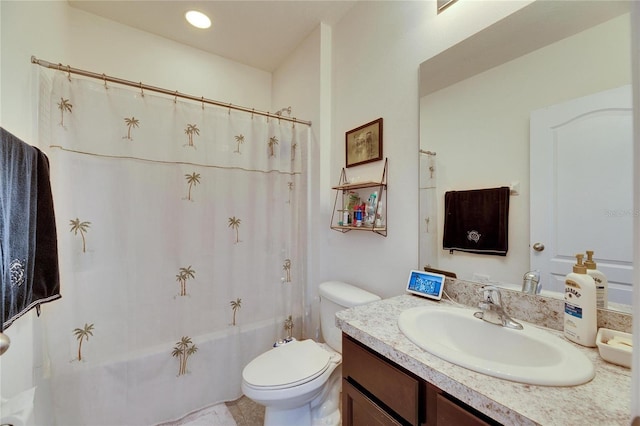 bathroom featuring recessed lighting, toilet, vanity, and shower / bathtub combination with curtain