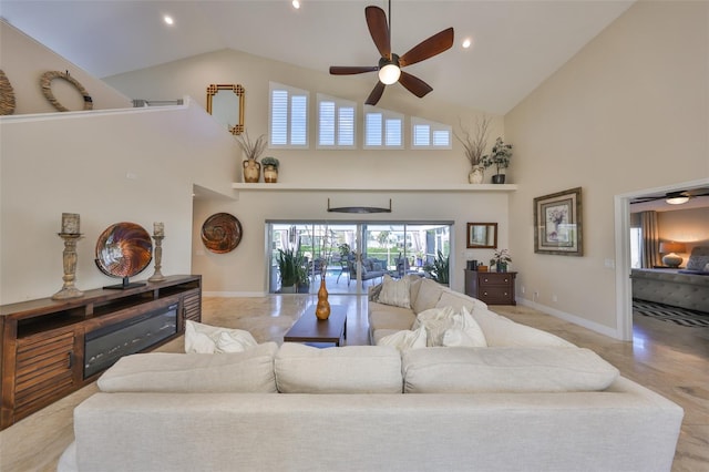 living room featuring recessed lighting, a ceiling fan, and baseboards