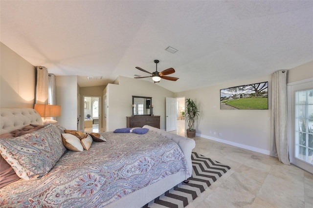 bedroom with lofted ceiling, a textured ceiling, a ceiling fan, visible vents, and baseboards