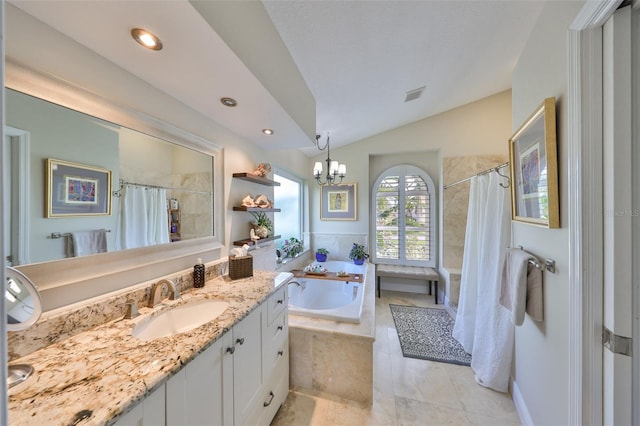 full bath featuring visible vents, a tile shower, vaulted ceiling, vanity, and a bath